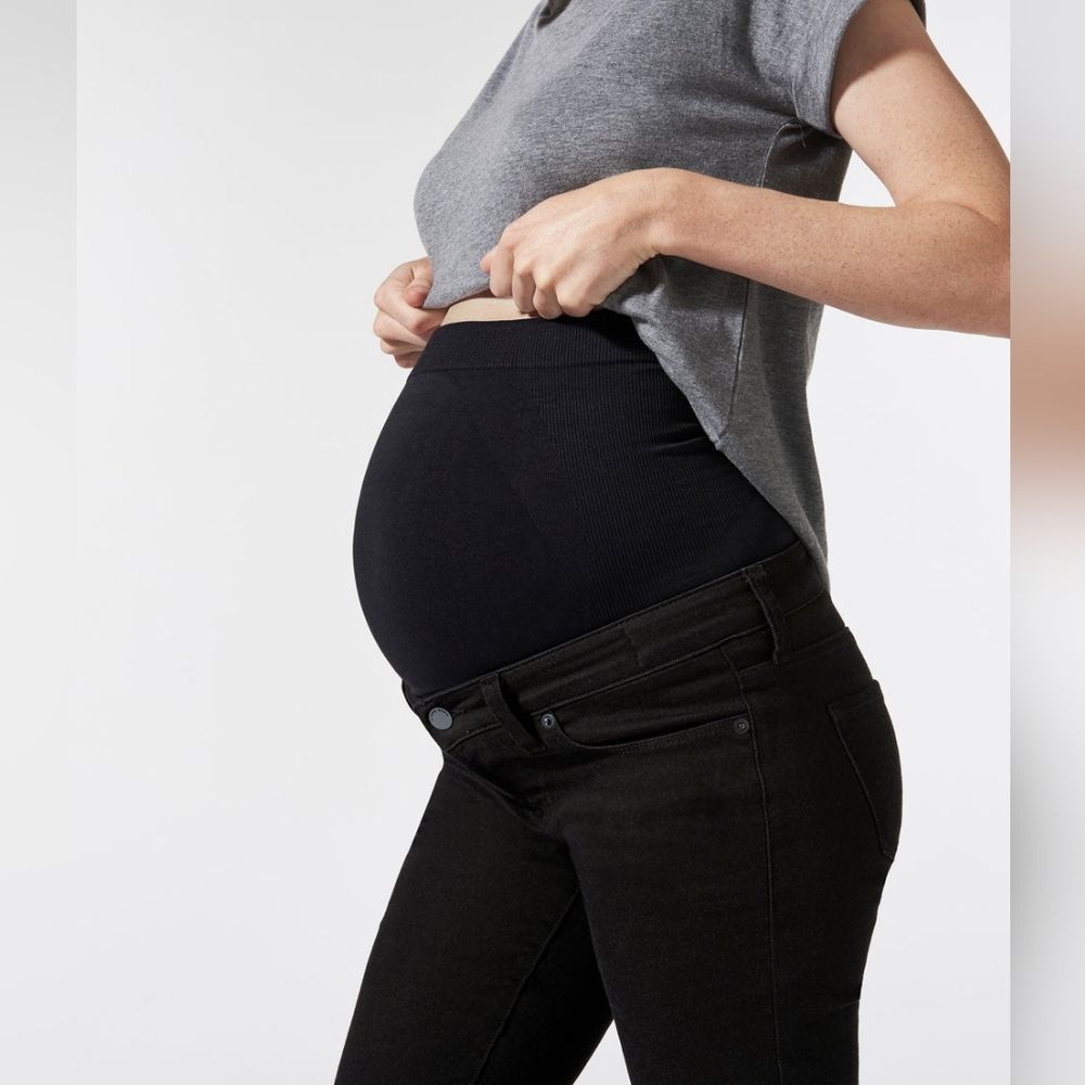 BLANQI Denim Maternity Belly Support Skinny Jeans Black Knee Slit 10